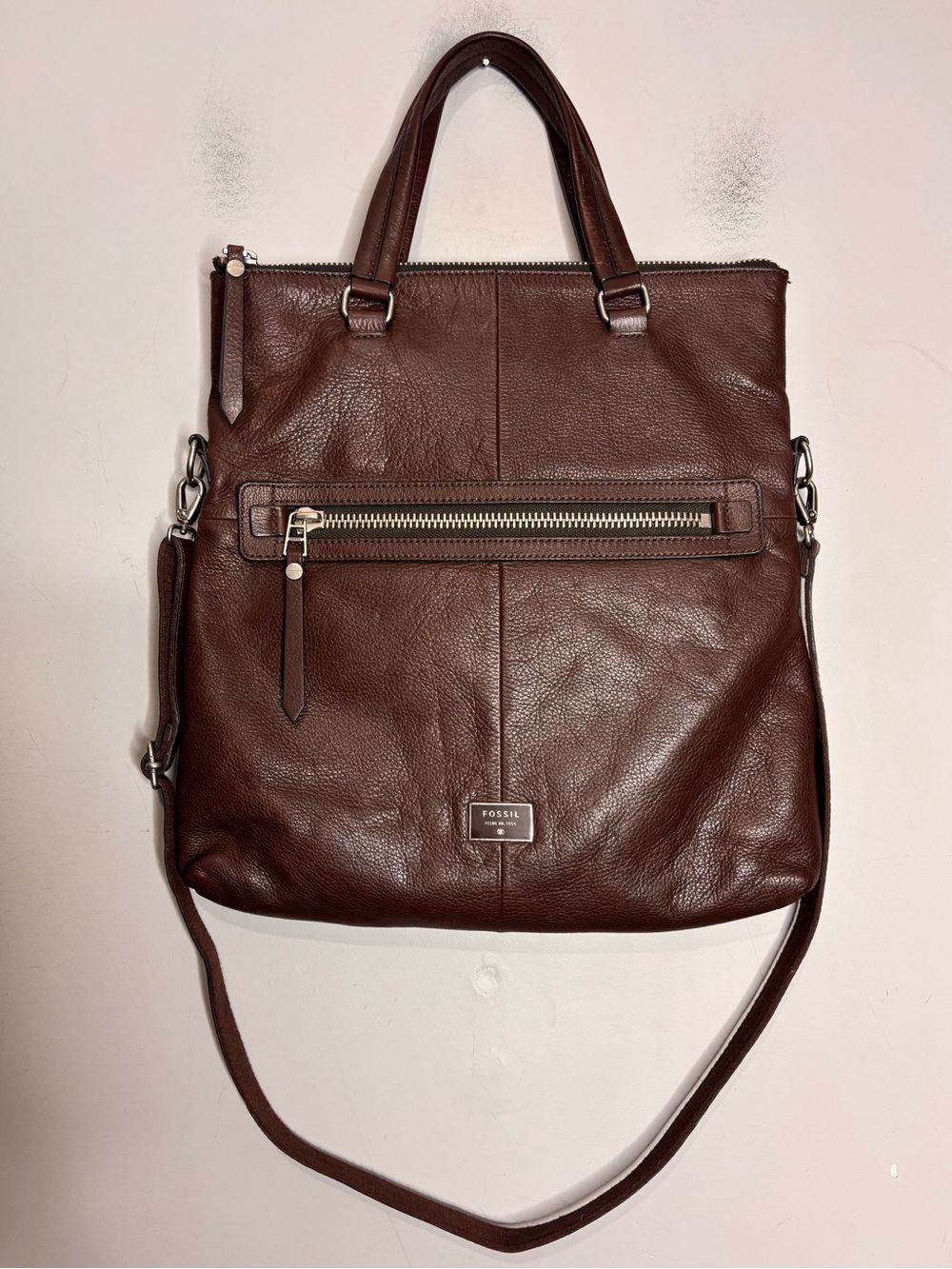Fossil Dawson Fold-Over Genuine Leather Convertible Tote Crossbody Bag in Brown - Picture 2 of 12